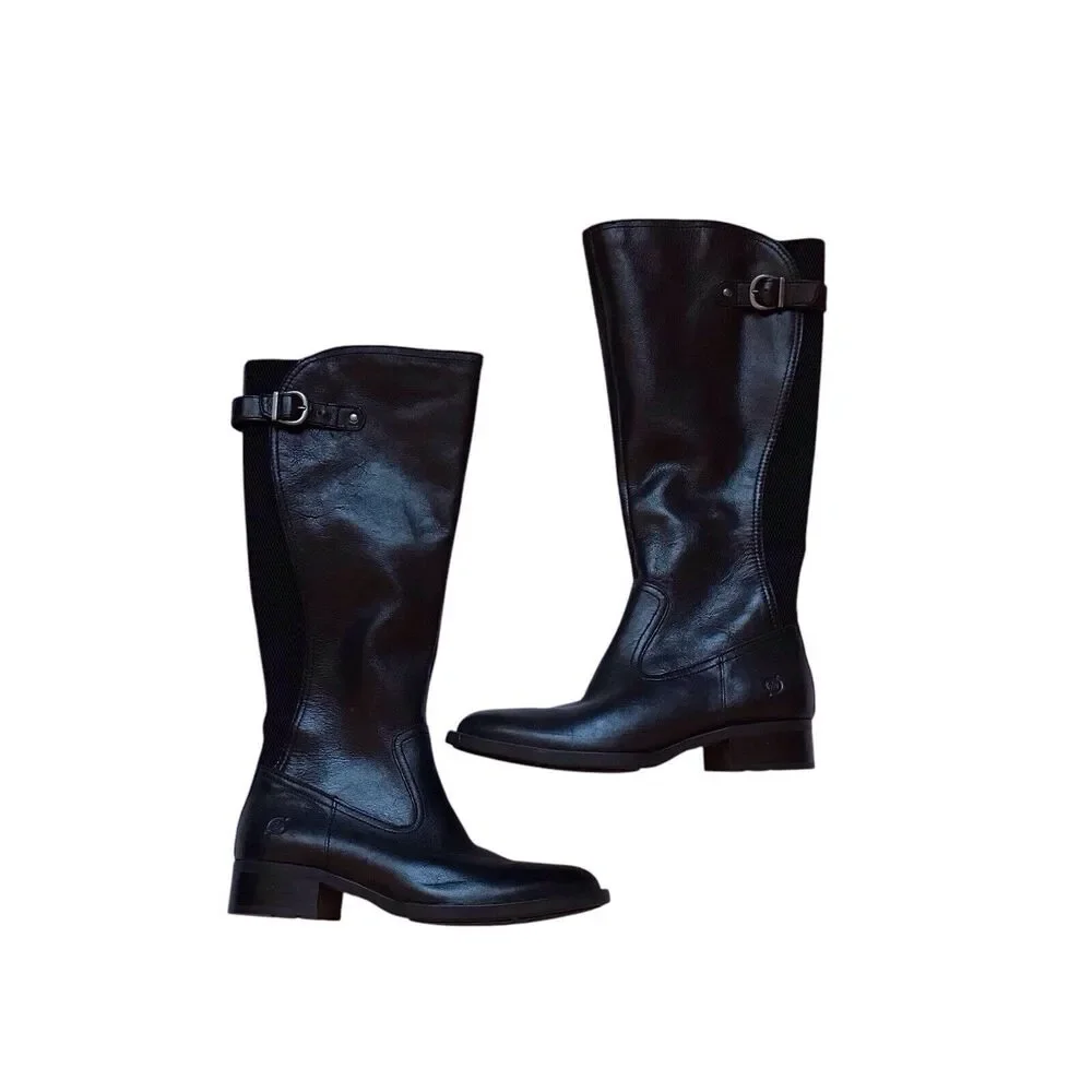 Born Boots Womens SZ 6M BLK Carran Riding Leather‎ Knee High Side Zip Comfort